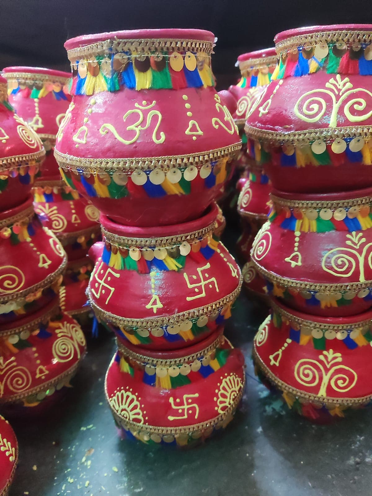Premium handcrafted clay Karwa with golden lace and colourful tassels